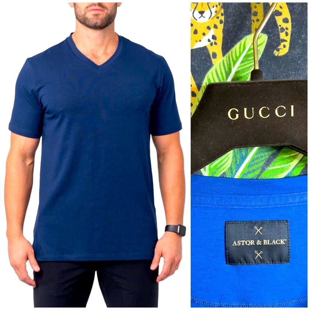 Astor & Black Luxury V-Neck Tee Shirt - Blue Jersey Knit Relaxed Fit Large